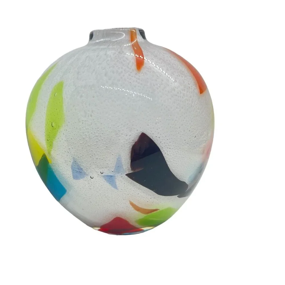 Crate and Barrel Bud Vase White Hand Blown Art Glass Splatter Cased Ziggy 4.5